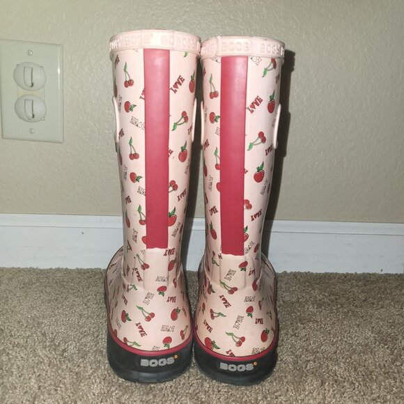 Bogs Youth K RNBT Cherry Love Pink Red Waterproof Pull-On Rubber Boots Size 4 - Picture 10 of 16